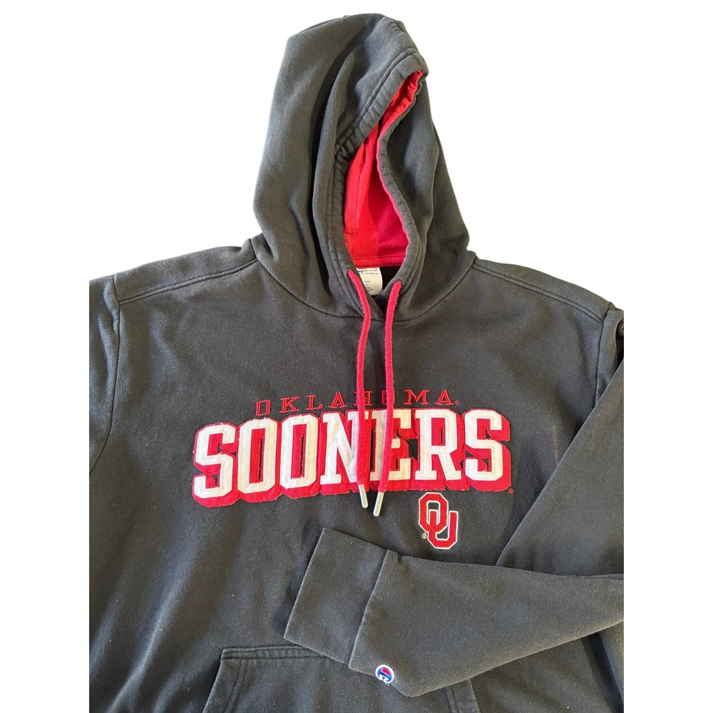 Champion Oklahoma Sooners Hoodie Mens Medium Black Red OU Pullover Sweatshirt